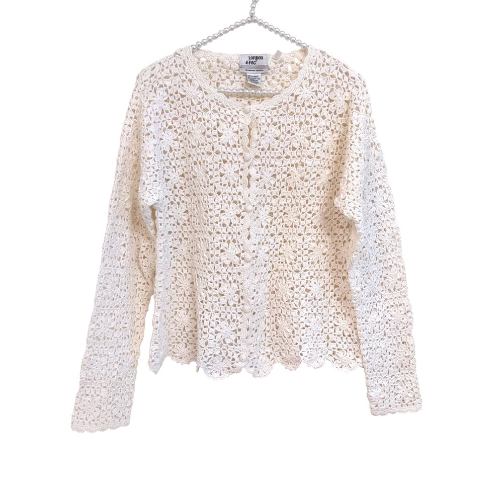 Vintage 90s London Fog Hand-Knit Crochet Cardigan Cream Scalloped Lace M Perfect